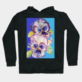 Pansy Watercolor Purple Flower Pattern on Navy and Mid Blue Hoodie